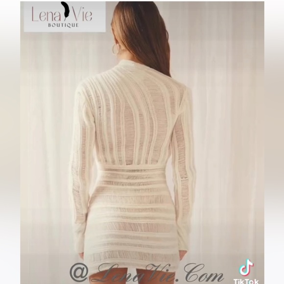 Powder Line Knit Long Sleeve Faux Wrap Cutout Sweater Mini Dress, High Neckline - Picture 4 of 8